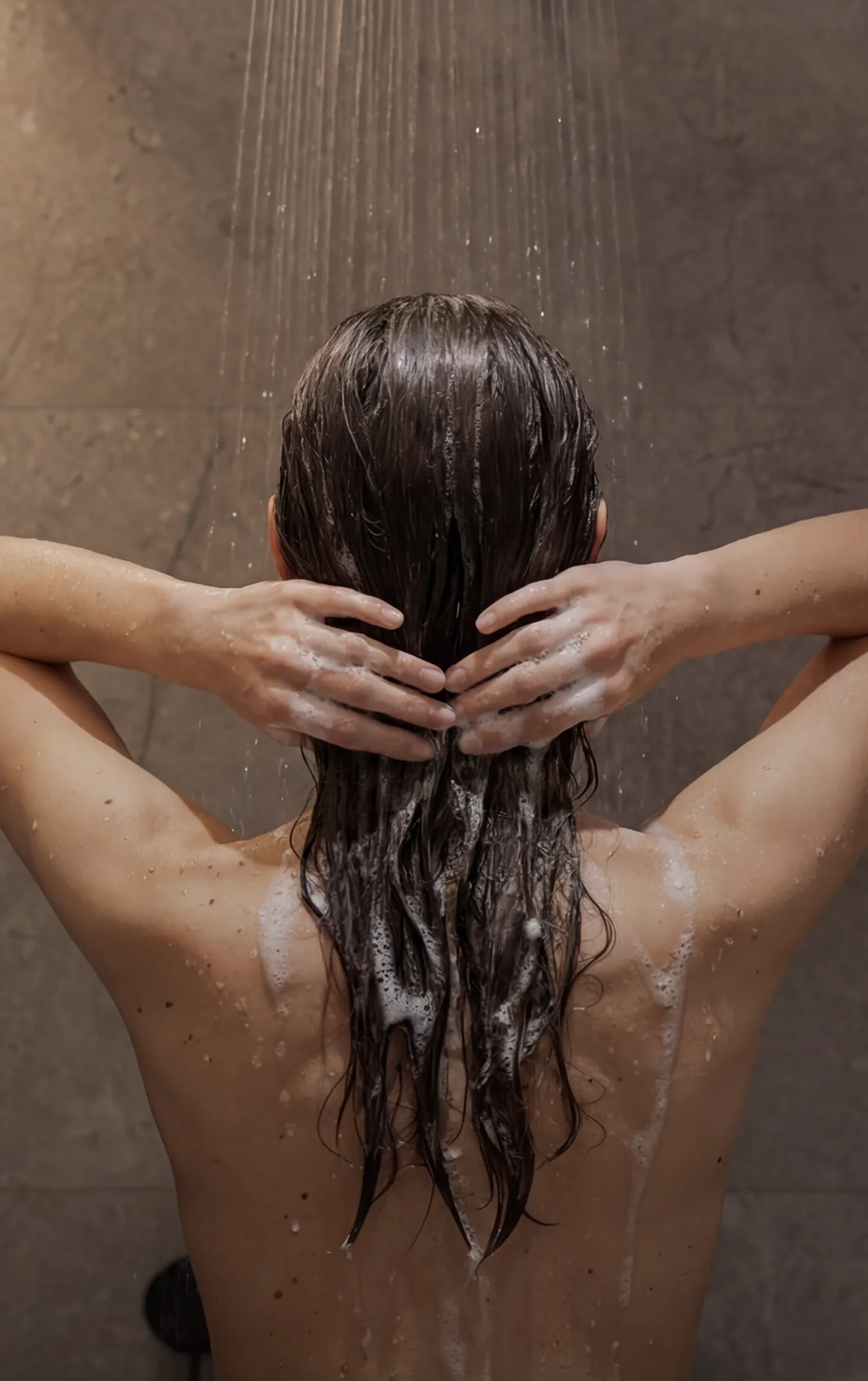 A woman standing in the shower, washing her hair